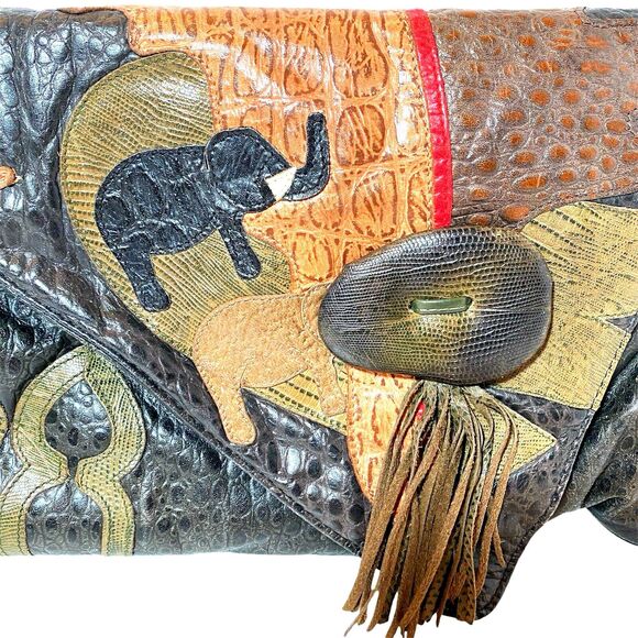 Genuine Pebble Leather Envelope Purse Embellish Design Elephant Tassel Crossbody - Picture 2 of 11